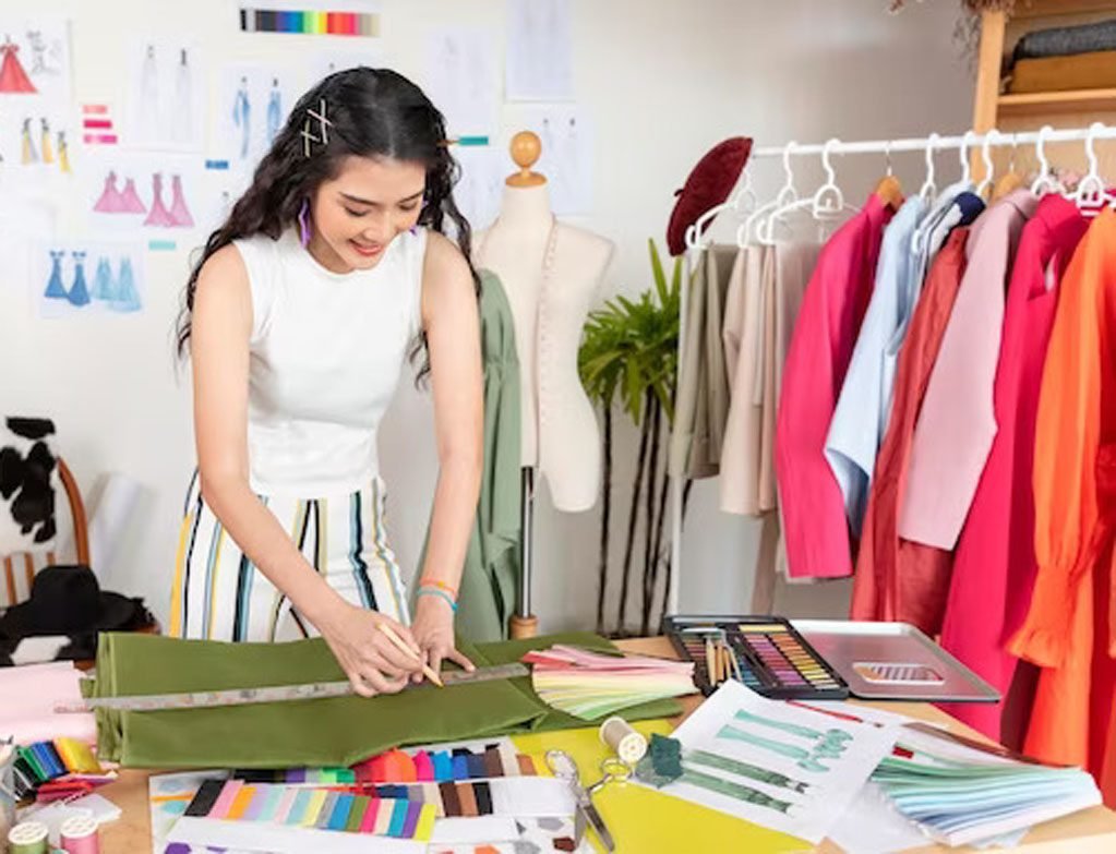 Woman working at a design table surrounded by fabric swatches