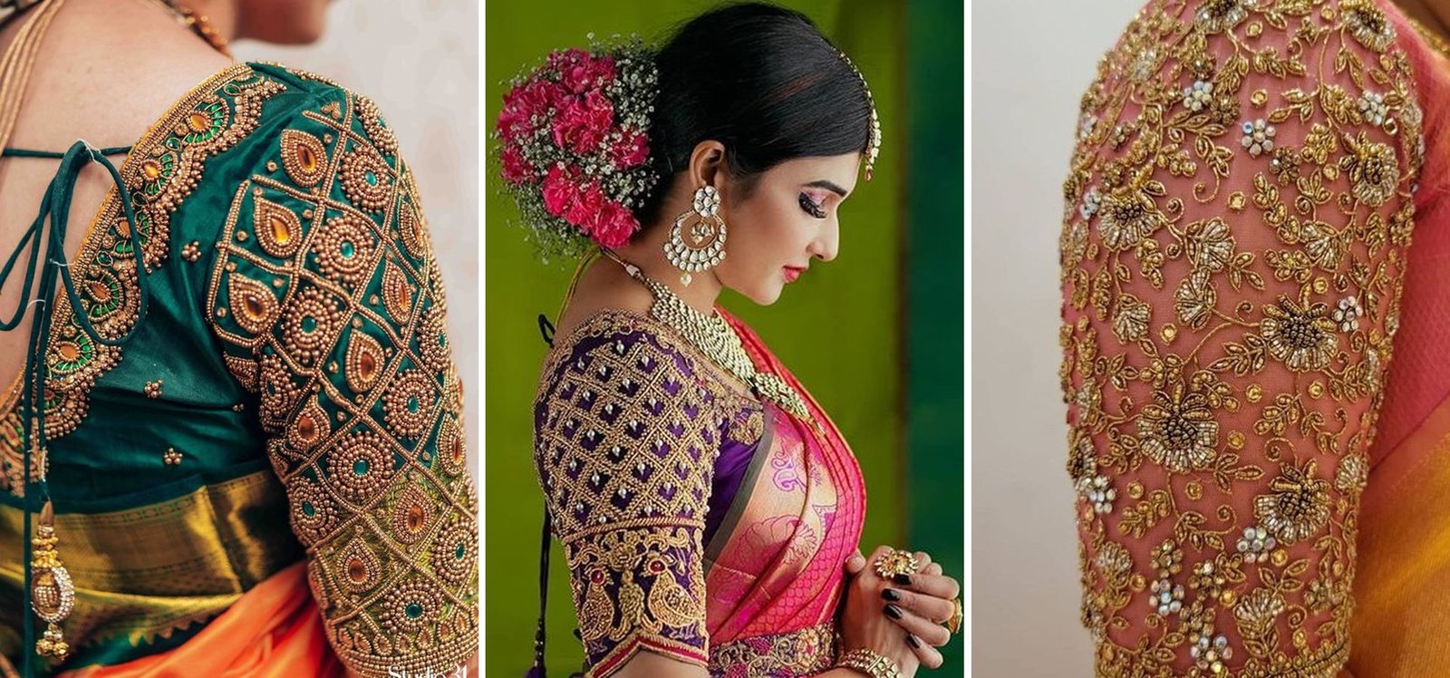 Bridal Aari embroidery blouse detail, purple and gold